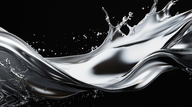 Modern abstract wallpaper design of silver splash waves, on black background