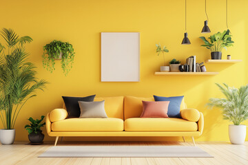 Modern and colorful interior of living room with design boucle sofa, mock up poster, shelf, plants, decorations and personal stuff. Home decor.