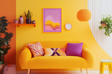 Modern and colorful interior of living room with design boucle sofa, mock up poster, shelf, plants, decorations and personal stuff. Home decor.