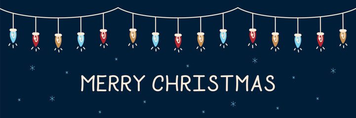 Horizontal Merry Christmas Banner with Garland. Greeting card on dark background. Christmas and New Year. Vector illustration.