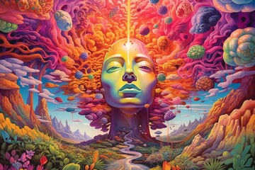 A vibrant, surreal landscape with a human-like head and colorful elements.