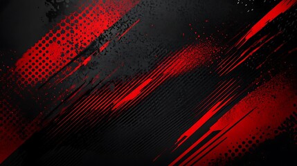 Abstract black and red grunge background with diagonal lines and dots.