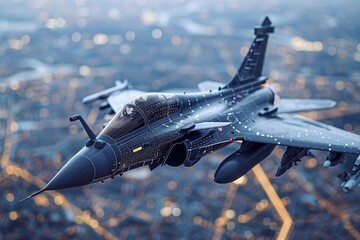 Advanced military aviation technology  fighter jets enhanced with holographic displays in action.