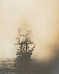 Fototapeta premium Haunting vintage photograph depicting a ghostly galleon drifting through the mysterious mist of the Bermuda Triangle