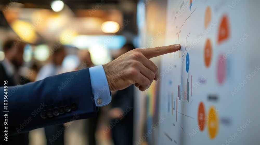 Poster a hand points at a chart displaying data trends in a business setting.