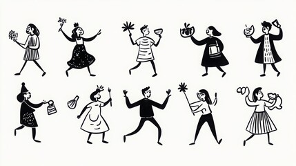 A minimalist black-and-white illustration Their body shapes and activities range from dancing during the Rio Carnival to making offerings for Obon Festival or watching fireworks 