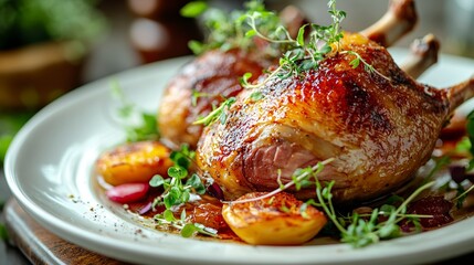 Grilled duck confitduck , garnish with micro herbs, aesthetic plating great for restaurant menu book or content marketing gallery. Close up food and selective focus .generative ai