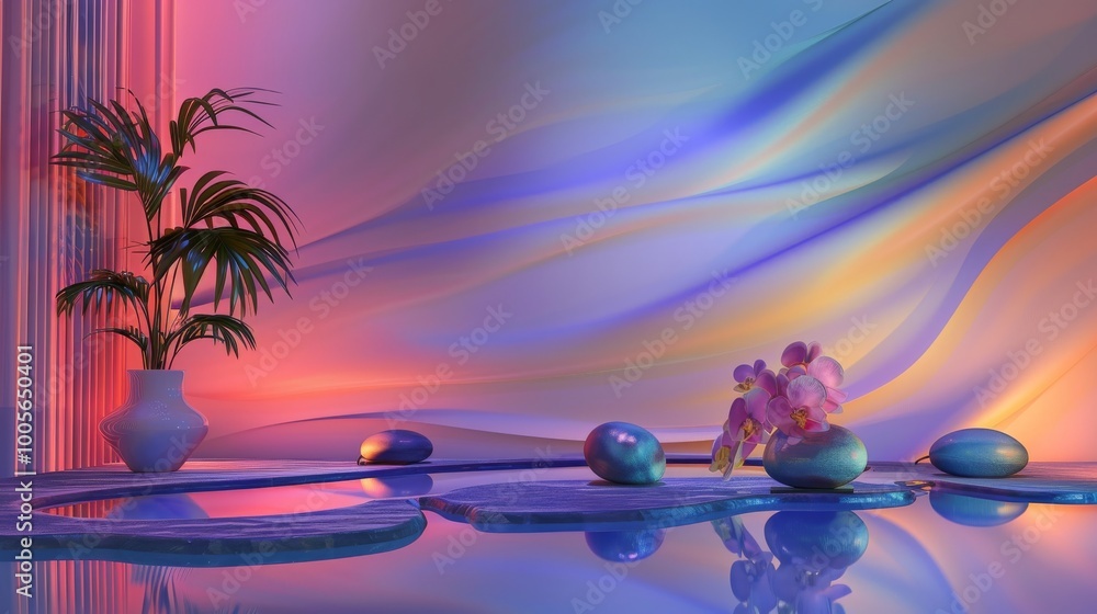 Poster Relaxation spa scene with a dynamic and colorful abstract backdrop.