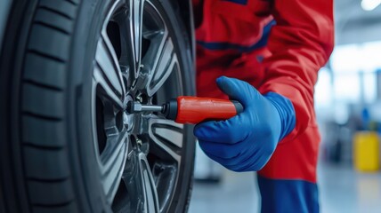 Fototapeta premium A mechanic in blue gloves uses a tool to adjust a car tire in a workshop, showcasing automotive repair skills and attention to detail.