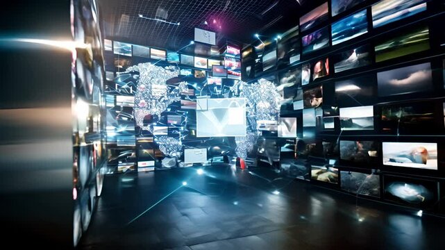 Abstract video background with digital shapes, futuristic elements and patterns. Concept of future technologies and artificial intelligence.