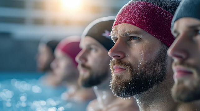 Close-up of swimmers in pool, focused and determined, wearing swim caps.