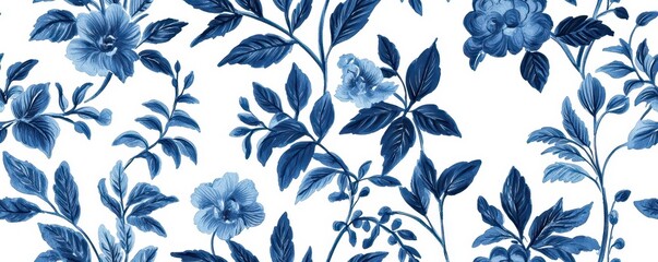 Obraz premium A detailed floral pattern featuring blue flowers and green leaves on a white background, perfect for fabric or wallpaper design.