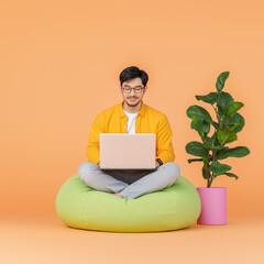 Smiling Asian Man Working on Laptop in Comfortable Bean Bag Chair | Realism 8K HD Front View