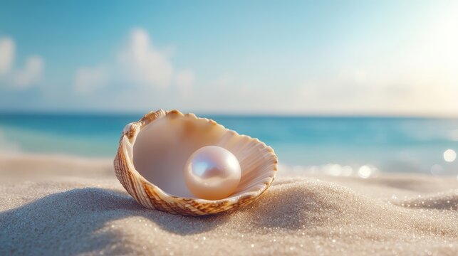 A pearl nestled in a seashell sits on a sandy beach, with a tranquil ocean view and clear blue sky in the background.