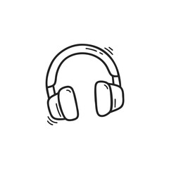 A simple hand-drawn doodle of headphones in black and white. Perfect for music-themed designs, podcasts, or tech illustrations. Vector format for easy customization.