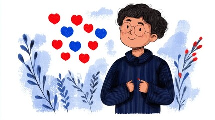 Happy boy surrounded by hearts and plants, cheerful illustration.