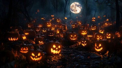 Unsettling Halloween Scene Featuring a Display of Carved Jack o  Lanterns with Eerie Glowing Faces Arranged in a Spooky Setting in a Dark Forest Clearing