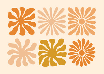 Retro Groovy Sun Naive Icon Set. Abstract Wavy Ray Logo in Trendy 70s Style. Boho Colorful Groovy Sun Psychedelic Vintage Background. Graphic Fun Hippie Poster. Abstract Summer Geometric Logo Template