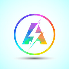 Polygonal Initial letter A logo design with lighting thunder bolt, Electric bolt logo template