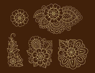 Set of Mehndi flower pattern for Henna drawing and tattoo. Decoration in ethnic oriental, Indian style. Doodle ornament. Outline hand draw vector illustration.