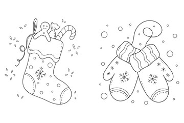 Stocking for gifts with sweet, candy, cookie and winter mittens with snowflakes. Christmas decoration. Doodle ornament. Hand draw vector illustration.