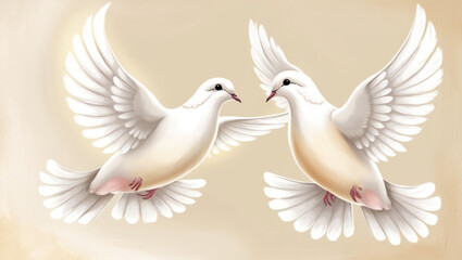 A serene and delicate illustration of two white pegeon
