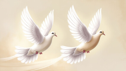 A serene and delicate illustration of two white pegeon