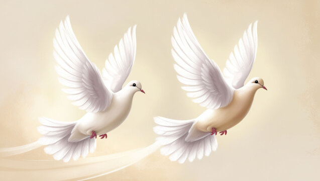 A serene and delicate illustration of two white pegeon