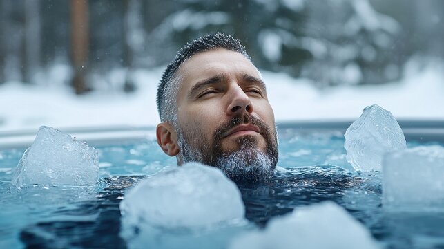 Man relaxing in ice bath, outdoor snowy environment.