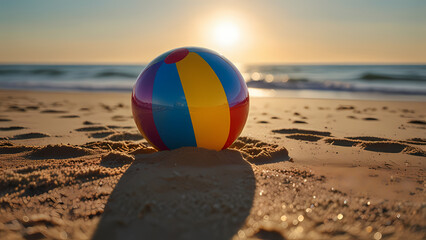 Obraz premium a colorful beach ball resting on soft, golden beach sand