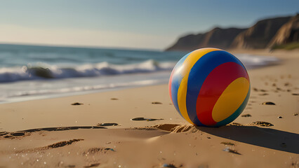 a colorful beach ball resting on soft, golden beach sand