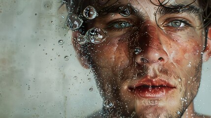 Close Up Portrait of a Man with Water Drops