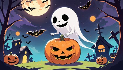 illustration of a Halloween night with moon and pumpkin background