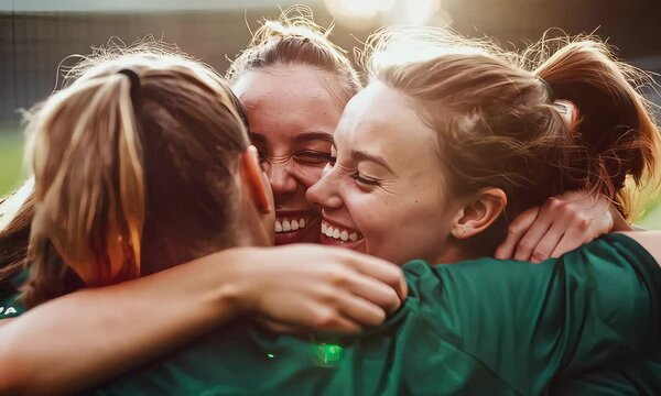 Three young women in sportswear happily hug each other and laugh after the victory, celebrating their teamwork and success.