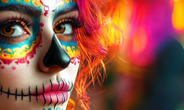 A vibrant face painted in Day of the Dead (D&iacute;a de los Muertos) makeup with bright colors and intricate patterns, celebrating Mexican traditions.