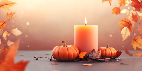Cozy Autumn Scene with Lit Candle and Falling Leaves