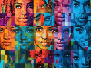 Obraz premium Vibrant Mural of Diverse Women’s Faces: A Stunning Poster for Sporty Interiors, Celebrating Unique Expressions Against a Geometric Background of Bold Colors