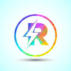 Polygonal Initial letter R logo design with lighting thunder bolt, Electric bolt logo template