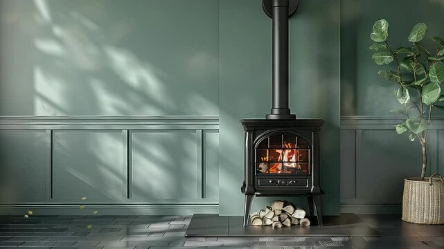 Animation Cozy stove fireplace in elegant green living room setting generated with ai