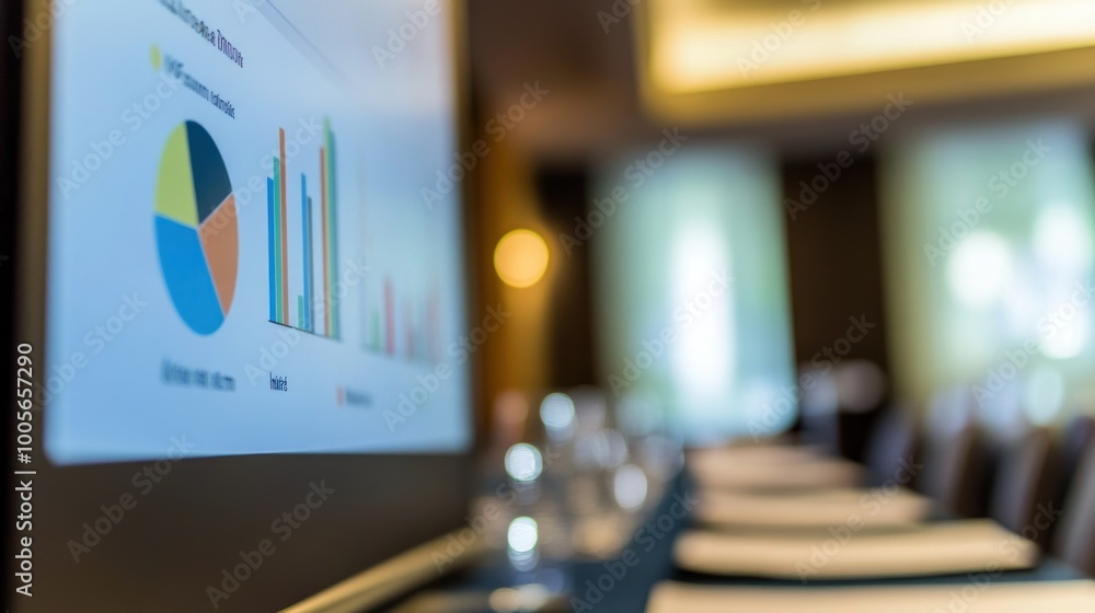 Poster a presentation screen displaying graphs and charts in a conference room setting.