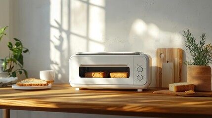 A sleek white toaster oven sits on a wooden table