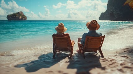 A couple is sitting on beach chairs, enjoying the ocean view
