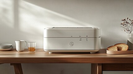 A sleek white toaster oven sits on a wooden table