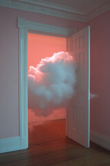 A surreal cloud emerges from an ajar door in a pastel pink room, creating an ethereal ambiance as soft light filters through, enhancing the whimsical atmosphere