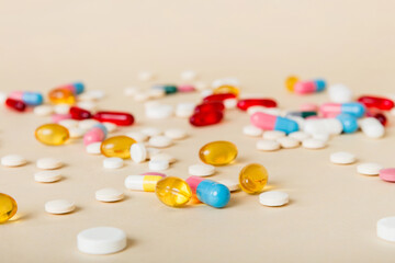 Many different colorful medication and pills perspective view. Set of many pills on colored background