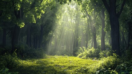 Obraz premium Sunbeams Piercing Through a Lush, Green Forest