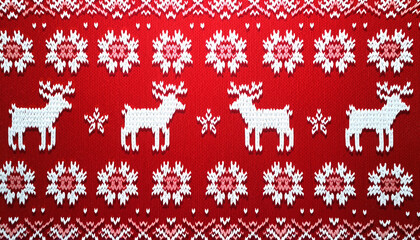 Festive knitted pattern with reindeer and snowflakes on a red background, Christmas design 