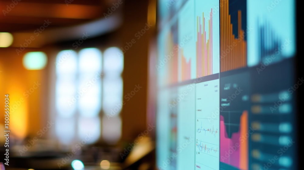 Poster a close-up of data visualizations displayed on a screen in a modern business environment.