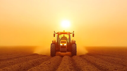 Obraz premium A tractor plowing a field at sunrise with dust rising in the background showcasing the hard work and productivity of agricultural activities in a rural landscape