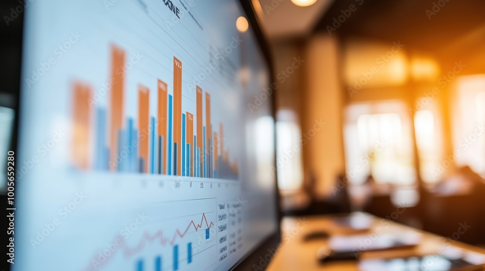 Poster a close-up of a screen displaying colorful bar graphs and data trends in a business setting.